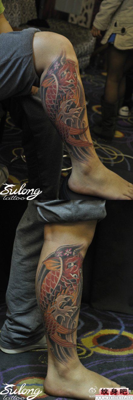 男人腿部经典的鲤鱼纹身图案